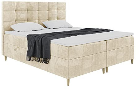 MEBLINI Boxspringbett mit Bettkasten - Gepolstert Doppelbett mit Matratze und Topper - Polsterbett mit Stauraum - Bett mit Kopfteil - Stauraumbett - DICO - 120x200 - H4/Beige Samt
