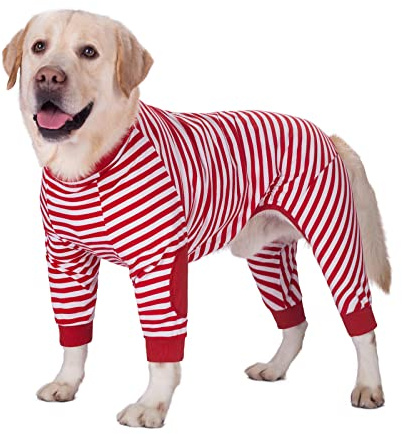 Große Hundekleidung, Hunde-Schlafanzug, Overall, flexibel, atmungsaktiv, Reißverschluss, weiche Baumwolle, gestreift, Hundebekleidung für mittelgroße Hunde, große Hunde (9 Rückenlänge, 65 cm, Rot)