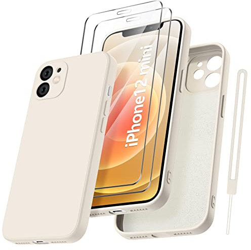 Qasyfanc HandyHülle für iPhone 12 Mini Hülle Silikon case mit 2 Stück Panzerfolie, Ultra Microfiber TPU Flüssig silikon mit Kameraschutz Kratzfeste Rundumschutz Schutzhülle 5.4''-Khaki