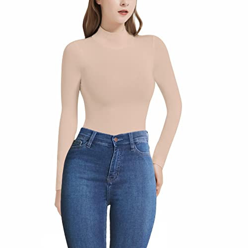 RoomTour Body Damen Elegant Langarm Bodys für damen Bodysuit Tops for damen Hochgeschlossen Elegant Bodysuit 1-Nude S