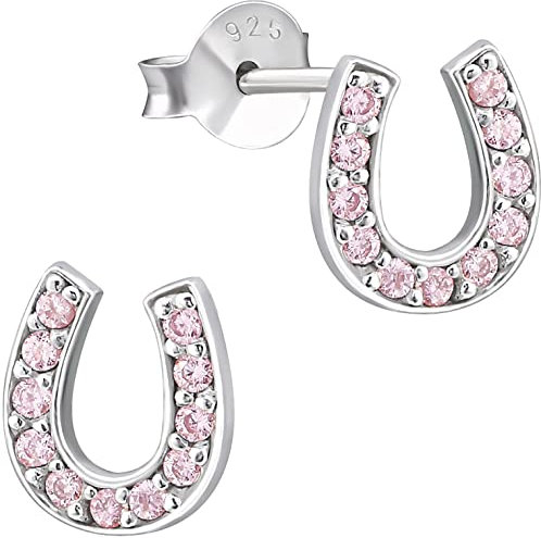 JAYARE Kinderohrringe Silber 925 Mädchen Ohrstecker - Hufeisen Glücksbringer - mit 22 rosa Zirkonia Kristallen - Kinder Pferde Ohrringe