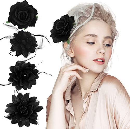 4PCS Pince à Cheveux Fleur Noir Barrette Fleur Artificielle Fleur Clip à Cheveux Broche Corsage Poignet Décoration de Fête Plage Concert Vacances