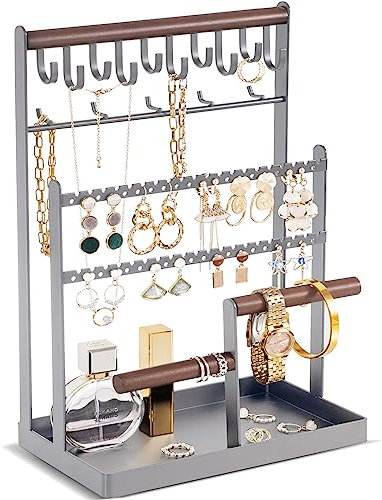 Procase Porte Bijoux Présentoir à Bijoux en Metal et Bois Durable avec Plateau et Crochets, Porte Collier Boucles d’Oreille, Organisateur de Bijoux -Gris