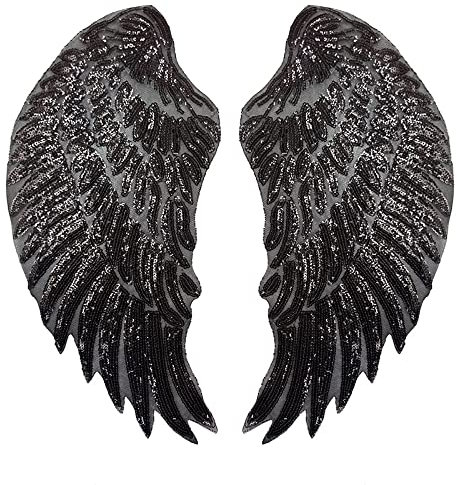 1 Paar Pailletten Aufnäher Bügelbild,Aufnäher Bügelbild Aufbügler Bügeleisen auf Patches Applikation Engel Flügel Muster für DIY Basteln Kleider Jeans Pullover Weihnachtsschmuck,Schwarz