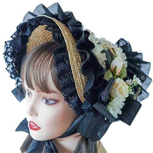 Ruarby Teas Party Sonnenhut Blumenstrohhut Lolit Strohhut viktorianische Haube Spitze Fascinator für Frauen viktorianischer Kopfschmuck viktorianischer Kopfschmuck, Schwarz