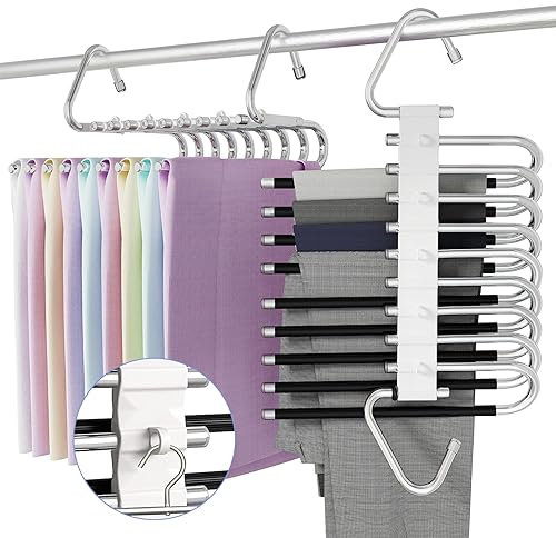DYDHRER 2 Stück Hosenbügel Platzsparend, 9 In 1 Hosenbügel, Edelstahl Hosen Kleiderbügel, rutschfest und Faltbare, Mehrfach Kleiderbügel für Hosen, Schals, Jeans, Handtücher, Krawatten