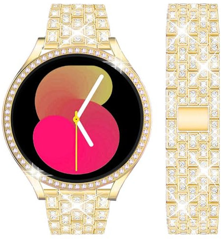 DEALELE Bracelets compatibles avec Samsung Galaxy Watch 4/Galaxy Watch 5 40 mm/44 mm, 20 mm Bracelet en métal diamant avec boîtier de protection de rechange pour homme et femme (doré)