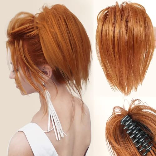 Colorfulpanda Pferdeschwanz mit Klammer Glatt Kurz Clip in Claw Haargummi Haarteil Ponytail Natürliches Kunsthaar Haar Haarverlängerunge Unordentlich Dutt Orange für Damen Mädchen