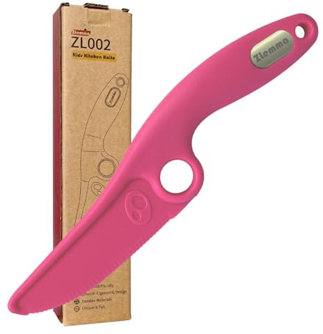 Couteau de Cuisine pour Enfants avec Anneau Éducatif, Bord dentelé unique, sûr mais tranchant pour une coupe sûre(Rose Framboise)