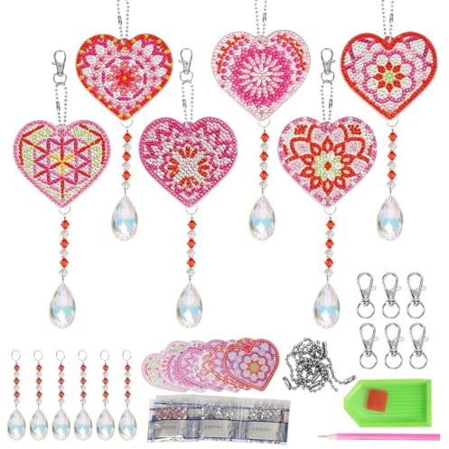 WEDNOK 6 Stück Herz Diamond Painting Bastelset Rot Sonnenfänger Anhänger Kristall Valentinstag Deko Heart Suncatcher zum Basteln für Fenster Valentinstag Muttertag Mutter Geburtstag