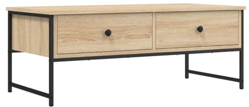 vidaXL Couchtisch, Beistelltisch mit 2 Schubladen, Wohnzimmertisch Metallrahmen Verstellbare Beine, Sofatisch Kaffetisch, Industrie-Stil, Sonoma-Eiche Holzwerkstoff