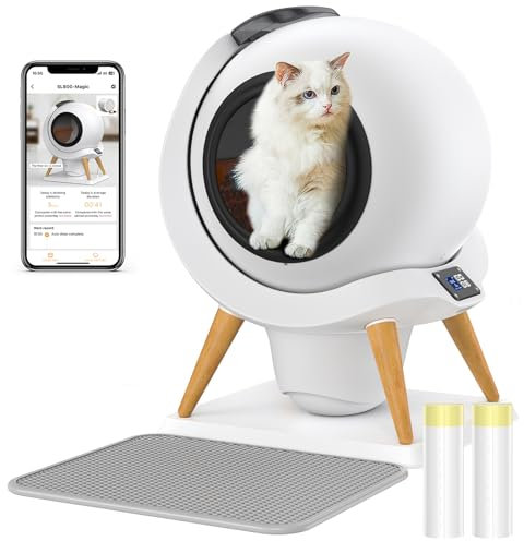 HoneyGuaridan Selbstreinigende Katzentoilette, 60L Elektrisches Katzenklo APP-Steuerung/Geruchsfrei/Sensoren, Überwachung der Gesundheit Ihrer Katze, für Mehrere Katzen (doppelte Stromversorgung)