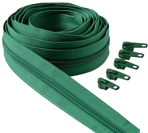 IPEA Endlos Reißverschluss Grün 5 Meter + 15 Schieber aus Metall – Kette Größe #5 – Made in Italy – Durchgehender Reißverschlüsse mit Zipper aus Nylon – Zuschneidbar für Meterware – Breite 30 mm