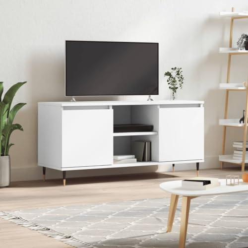 TJROO Mobile Porta TV Bianco 104x35x50cm in Legno Multistrato e Ferro - Mobiletto Consolle Con Ante e Mensola Sotto TV - Mobile Basso Televisione Vetrina