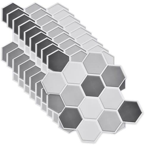 MOROBOR Piastrelle adesive da parete esagonali, 30 cm, in PVC, 3D, paraschizzi, per cucina e bagno, 10 fogli, colore: grigio chiaro