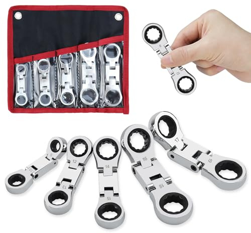 LOSCHEN 5-Piece Flex-Head Stubby Ratcheting Combination Wrench Set, Mini Wrench Set, Double Box End Flex-Head, Mini Spanner Set, Metric 8 10 12 13 14 15 16 17 18 19mm, 72-Teeth, CR-V Steel