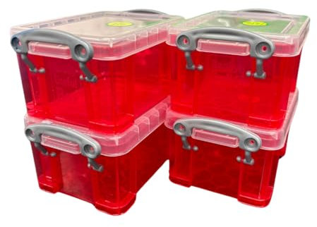 Generic Really Useful Plastic Storage Box 0.3 Litre Clear (Pack of 4) (Red) - Box - Rectangular - Stackable - 12 x 8 x 6 cm