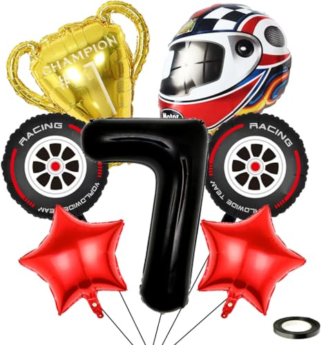 Kawailay 7 Jahr Rennauto Geburtstag Luftballons 7. Rennwagen Geburtstag Deko Racing 7. Geburtstag Deko Ballons Trophäen Helm Reifen Folienballon Schwarz Zahl 7 Luftballon für Junge Geburtstag Party