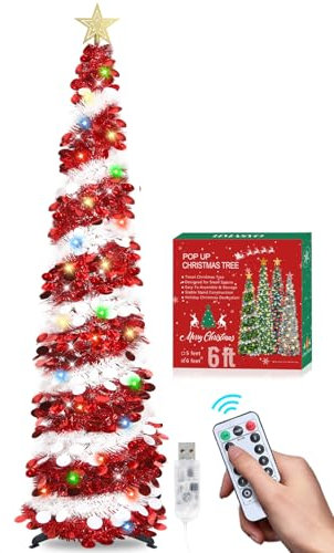 HMASYO Árbol de Navidad de oropel desplegable de 6 pies con 100 luces de temporizador multicolor y control remoto, árbol artificial plegable rojo y blanco, decoración de Navidad para el hogar,