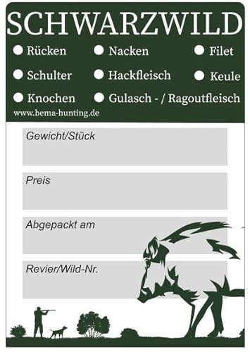 Wildbret Etiketten für Schwarzwild | 10x7 cm | 100 Stück | Jagdaufkleber | Tiefkühlaufkleber | Rücken, Schulter, Knochen, Nacken, Hackfleisch, Filet, Keule, Gulasch-/Ragoutfleisch | Wild | Jagdzubehör