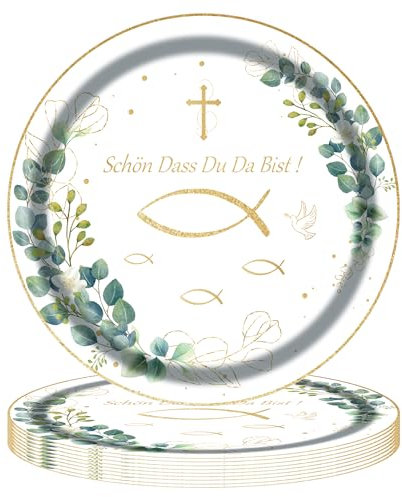 MAGLAUG Piatto di carta per comunione, cresima, decorazione di eucalipto, per feste, piatti di carta usa e getta, per cresima, comunione, decorazione, battesimo, ragazza (24, N 9 pollici), piatto di