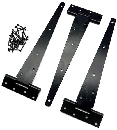 3PK Heavy Duty Black Tee Hinges with Fixings. Strong T-Hinges for Garden Gates, Sheds and Doors. Corrosion and Weather Resistant External Hinge Pack of 3 with Screws.