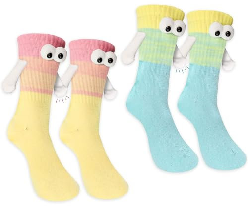 LunarCharm 2 Paar Magnetische Socken mit Händen Geburtstag Hand in Hand Socken mit Magnetarmen Lustige Geschenke für Frauen Männer Freunde Familie Partner Paar (grün und gelb)