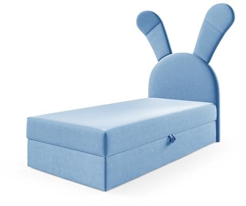 MEBLINI Kinderbett mit Bettkasten - Gepolstert Einzelbett mit Matratze - Polsterbett mit Stauraum - Bett mit Kopfteil - Stauraumbett - Kaninchen - 100x200 Rechts - H3/Blau Samt