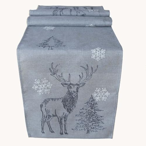 texpot Tischläufer 40 x 175 cm Stickerei Elch Bäume Weihnachten Winter Deko