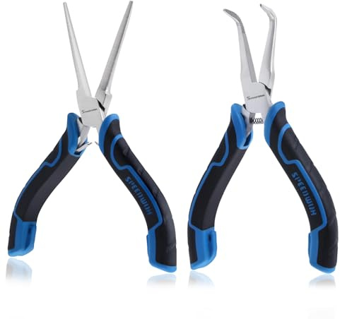 SPEEDWOX Mini-Spitzzangen-Set mit glatter Backe und gebogener Spitzzange mit gezackter Backe, abgewinkelte Spitzzange für Schmuckherstellung, Nadelentferner, Angelzange, 2-teiliges Set