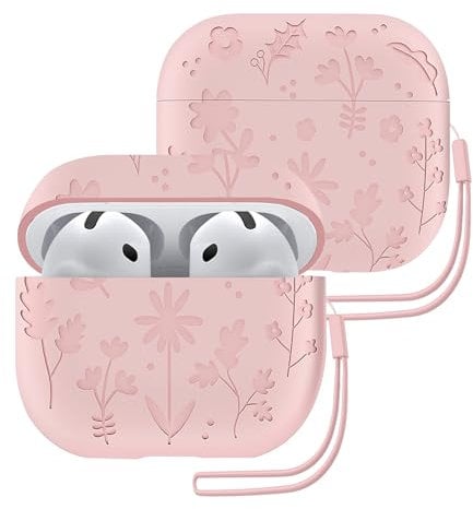 ECZOIL Flower Engraved Case Compatible with AirPods 4th Generation,Soft Silicone Protective Case with Silicone Lanyard for AirPods 4th-Pink