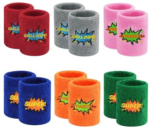 RETON 12 bunte Sport-Schweißbänder, Baumwoll-Handgelenkbänder mit Stickerei-Design für Uni, Basketball, Fußball, Tennis (6 Paar)