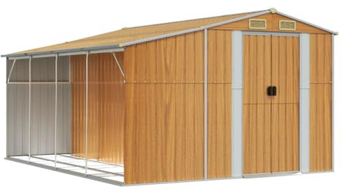 KOIECETA Gerätehaus Gartenhaus mit Schrägdach Griffe Gartenschuppen Schuppen mit Stauraum Geräteschuppen Metallschuppen Hellbraun 277x365,5x179 cm Verzinkter Stahl