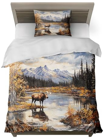HommomH Elch in Landschaft Motiv Bettwäsche Maße 135x200 cm Microfaser 2 teiliges Set enthält 1 Bettbezug und 1 Kissenbezug 80x80 cm für stylische Einzelbetten