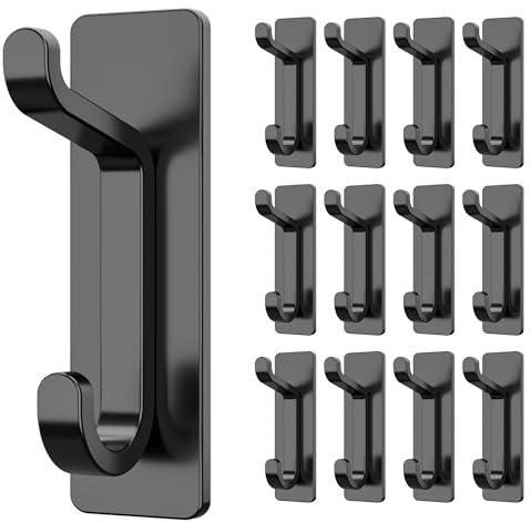 Josmimic Self Adhesive Hooks, Sticky Hooks Extra Sturdy, Hanging up to 6KG, Metal Stainless Heavy Duty Stick on Wall Door, for Towel Coat Hat Purse in Bathroom Shower, Black, 12 Pack