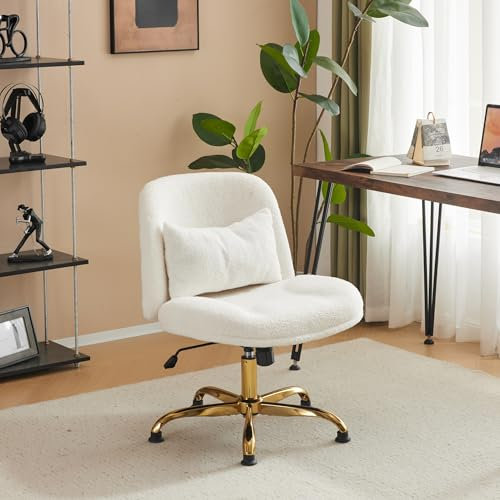 Bonnlo Wide Criss Cross Legged Office Chair Ergonomic Swivel Chair with Gold Base & Memory Foam Pillow, Adjustable Armless Vanity Chairs with Wheels, Dressing Chairs, Teddy Fleece Fabric, White