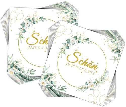 40 Stück Servietten Schön dass du da bist,Servietten Eukalyptus Grün,Servietten Hochzeit Geburtstag Eukalyptus,33x33cm Papierserviette Salbeigrün Taufe Kommunion Tischdeko