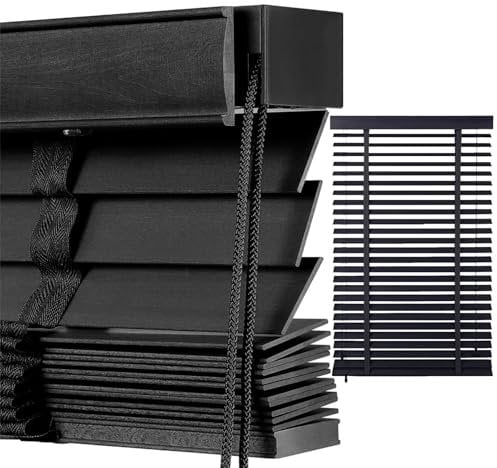 Holzjalousie Innen, Holz Jalousie Sichtschutz, Verdunkelungs Sonnenschutz Jalousien, 5cm Lamellen Horizontal Jalousette für Fenster(Schwarz)