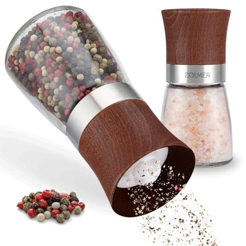 Zolmer® Salz und Pfeffermühle Holzoptik 2er Set – Pfeffermühle Holz groß mit Keramikmahlwerk – Nachfüllbarer Salzstreuer aus Glas & Holz, manuell einstellbar