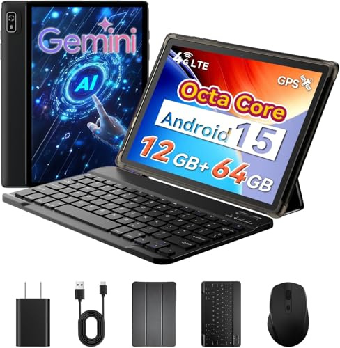 Android 15 2 in 1 10 Inch Tablet with Keyboard, Mouse and Case, 4G LTE Cell Phone, 12GB RAM + 64GB ROM (2TB Expandable), MediaTek Octa-Core 2.0GHz, Gemini AI, IPS Display, 5G Wi-Fi