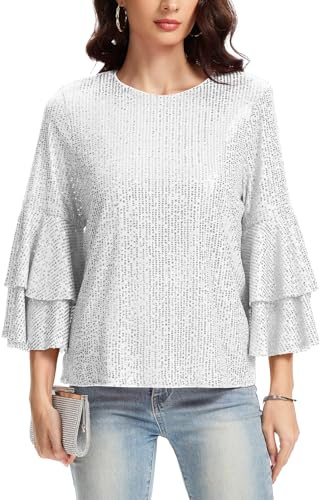 Women's Sparkly Sequin Top 3/4 Sleeve Keyhole Neck Blouse Tunic Night Out | Sparkly Top Going Out Tops 3/4 Long Sleeve T Shirt for Women Keyhole Neck Blouse Fully Lined Tunic Party Night Blouses