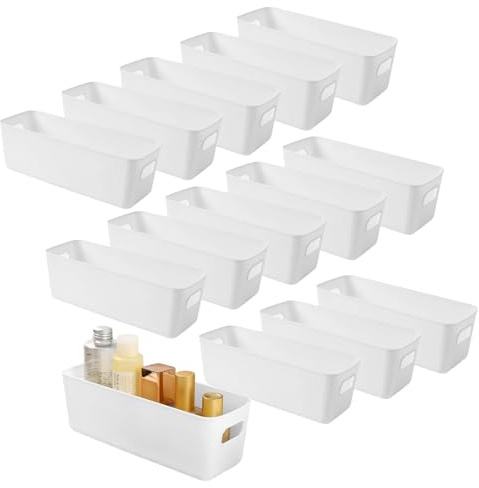 14 PCS Plastic Storage Boxes, White Rectangle Bathroom Storage Baskets with Handle, Kitchen Cupboard Boxes 26*9.5*8.8cm