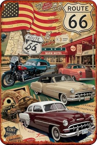 Metallschild im Vintage-Rennsport, Retro-Garagen-Blechschild, Geschenk für Autoliebhaber, Wanddekoration für M¤nnerhöhle, Autos, Bars, Cafés, Pubs,Terrasse,20 x30cm (ROUTE 66)