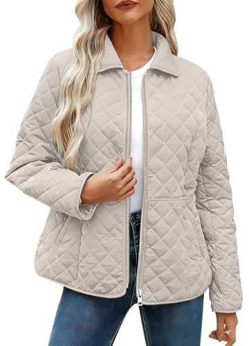 Yolimok Womens Quilted Jacket Quilted Puffer Jacket Ladies Lightweight Padded Puffer Coats Lapel Collar Long Sleeve Zip up Jackets Solid Outerwearw Inter Fall Outfits Plus Size Thermal Clothing