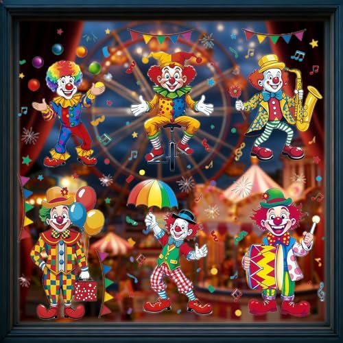 6 Blatt Fensterbilder Karneval,Fensterbilder Karneval Selbstklebend,Selbstklebend Clown Fenster Aufkleber,Fenster Abziehbilder Sticker,Statisch Haftende Fensteraufklebe,Weihnachtsfeiern