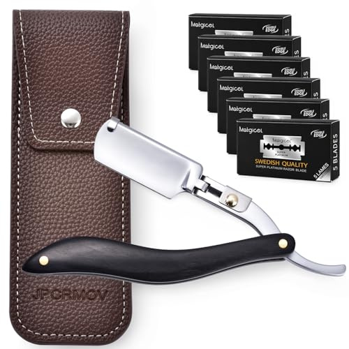 Rasoir Droit Traditionnel Professionnel - Coupe-Choux Classique avec Lames Jetables - Rasoir de Barbier pour Homme avec 30 Lames Double Tranchant en Acier Inoxydable + Étui en Cuir (Argent)