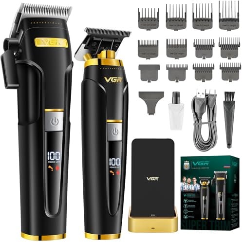 VGR 694 S2 Haarschneidemaschine Set Profi für Männer mit Keramikklingen | Kabelloses friseur set mit Magnetische Ladestation, Haarschneider Herren und Trimmer Kit mit LED Display, Schwarz