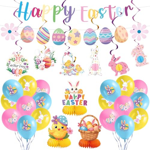 CSYY Easter Decorations Indoor or Outdoor, Easter Holiday Decor Party Packs with Letter Banners, Easter-Egg Bunting, Honeycomb, Bunny Pendants Hanging for Spring Home Suppily