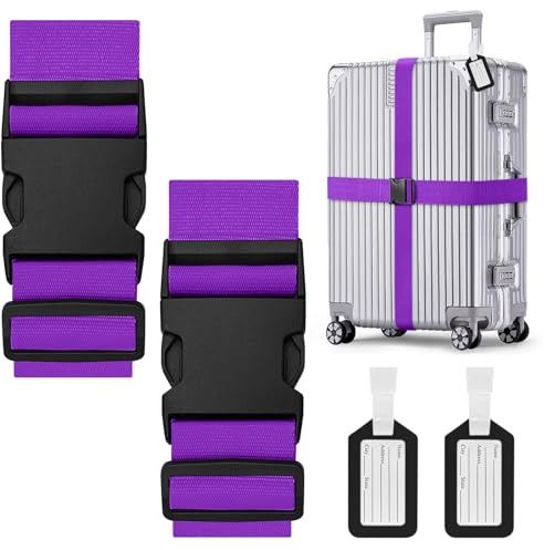 Koffergurte 2 Stück, Verstellbare Kofferband mit Kofferanhänger, Auffällig Kreuzgurt Kofferbänder für Koffer Markierung, Reisezubehör Gepäckgurt Luggage Strap zum Sicheren Verschließen (Lila)
