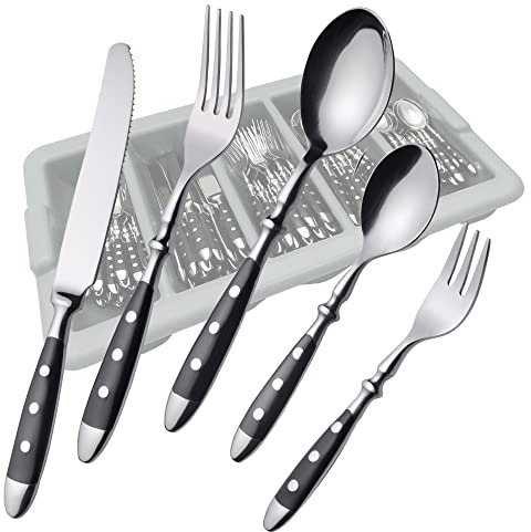 GRÄWE Besteck-Set für 18 Personen, 90-teilig, mit Besteckkasten - geschmiedetes Tafelbesteck mit schwarzen Griffen - Serie NÜRNBERG